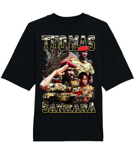A black bootleg retro t-shirt with a graphic print of a person and the name 'THOMAS SANKARA' above.