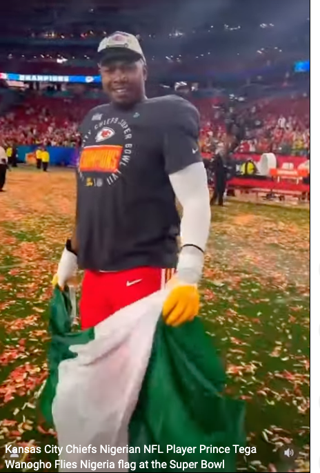 Nigerian NFL player Prince Tega Wanogho Flies Nigeria flag at a epic win at the Super Bowl